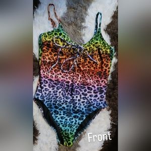 Sirena, XL, rainbow animal print one piece bathingsuit.